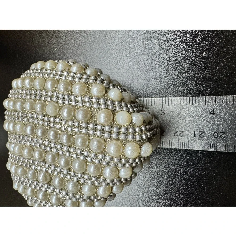 Pearl Beaded Heart Trinket Jewelry Box‎ Faux Pearl Silver Tone Keepsake Box